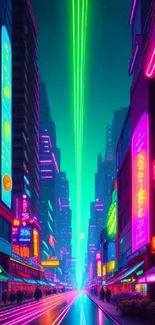 Futuristic neon cityscape with vibrant lights and colors.