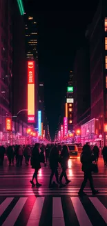 Neon city street at night with vibrant lights and silhouettes.