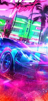 Neon-lit cityscape with sports car in vibrant pink hues.