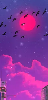 Vibrant neon cityscape with pink sun and flying birds.