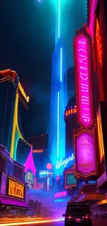 Futuristic cityscape with vibrant neon lights and bustling urban environment.