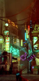 Vibrant neon cityscape with glowing signs and dark urban street ambiance.