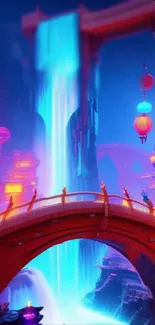 Vibrant neon cityscape wallpaper with bridge and waterfall.