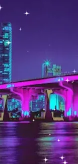 Neon-lit cityscape with colorful bridge and skyline at night.