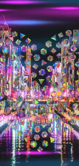 Vibrant neon cityscape with crystals reflecting in a canal.