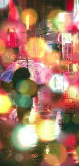 Person with umbrella walking through a neon-lit rainy city street.