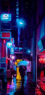 Vibrant neon-lit city alley with rain-soaked reflections.