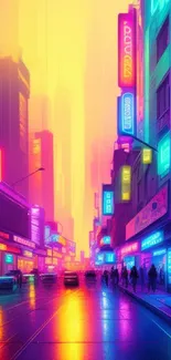 Futuristic neon city street with vibrant lights and colorful reflections.