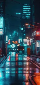 Neon cityscape with vibrant reflections on a wet urban street at night.