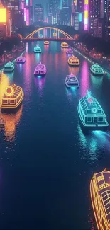 Colorful neon-lit boats in a city river at night.