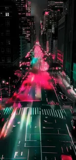 Neon lights illuminating a bustling city street at night.
