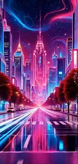 Futuristic neon city street at night with vibrant lights and towering skyscrapers.
