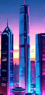 Futuristic neon cityscape with vibrant skyscrapers at sunset.
