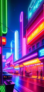 Futuristic neon cityscape with colorful lights in an urban night setting.