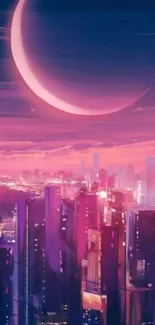 Neon cityscape with crescent moon and vibrant colors.