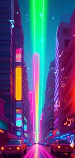 Futuristic cityscape with neon lights and vibrant colors at night.