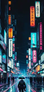 Vibrant street scene with neon signs and a wet city street.