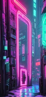 Neon-lit city alley with violet hues and futuristic architecture.