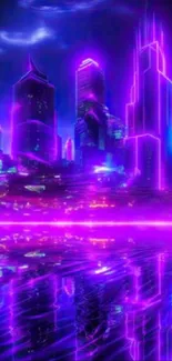 Neon cityscape with purple and blue reflections.