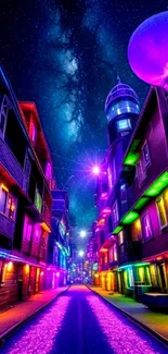 Vibrant neon cityscape with a starry night sky.