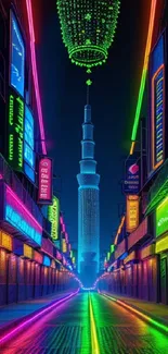 Futuristic neon cityscape phone wallpaper with vibrant street lights.