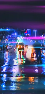 Neon-lit city street at night with reflections glowing in the rain.