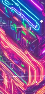 A vibrant neon cityscape with pink hues.