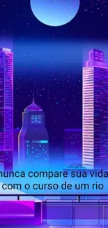 Futuristic neon cityscape with full moon.