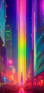 Vibrant cityscape with neon lights and colorful futuristic design.