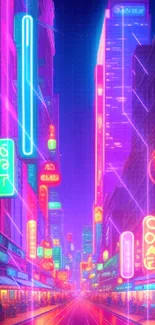 Colorful neon cityscape with vibrant lights and futuristic urban design.