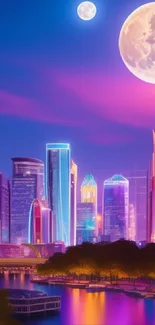 Vibrant neon cityscape wallpaper with glowing skyscrapers and a full moon.