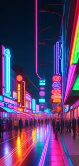 Vibrant neon cityscape with glowing street lights.