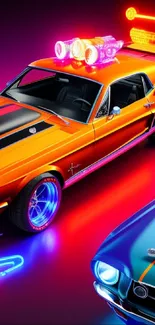 Vibrant neon wallpaper with classic cars and glowing effects.