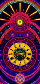 Vibrant neon clock design with intricate colorful patterns.