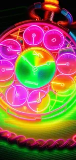 Vibrant neon clock with glowing multicolored design.