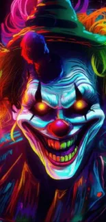 Vibrant neon clown wallpaper with colorful glow.