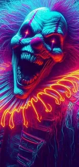 Neon clown artwork with vibrant colors and dramatic lighting.