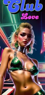 A vibrant neon club scene with a futuristic character in metallic attire.