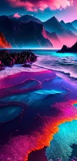 Vibrant neon coastal scene with mountains and ocean waves in vivid colors.