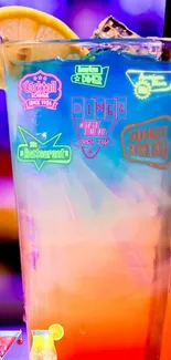 A vibrant cocktail glass with neon signs and lemon slice.