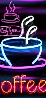 Colorful neon coffee art in pink, blue, and white hues.