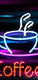 Colorful neon sign of steaming coffee cup with vibrant colors.