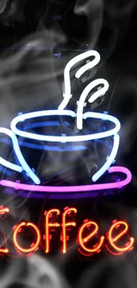 Neon coffee cup sign glowing brightly on a dark background.