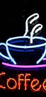 Neon coffee mug with steam on black background.