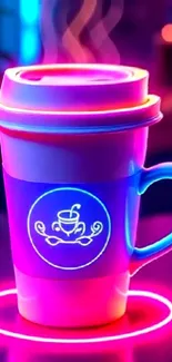 Vibrant neon coffee mug with glowing colors.