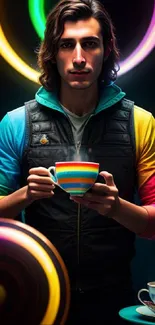 Individual with neon lights and a rainbow coffee cup.