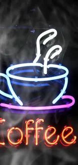 Neon coffee cup and text glowing brightly in rich blue, red, and white hues.