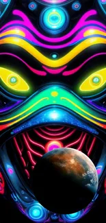 Vivid neon and cosmic themed wallpaper with glowing patterns and a planetary globe.