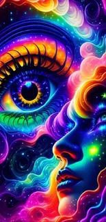 Vivid neon cosmic art wallpaper with eye design.