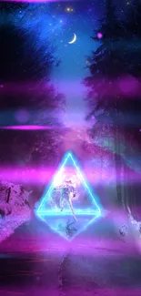 Neon triangle in a cosmic forest under a vibrant night sky.